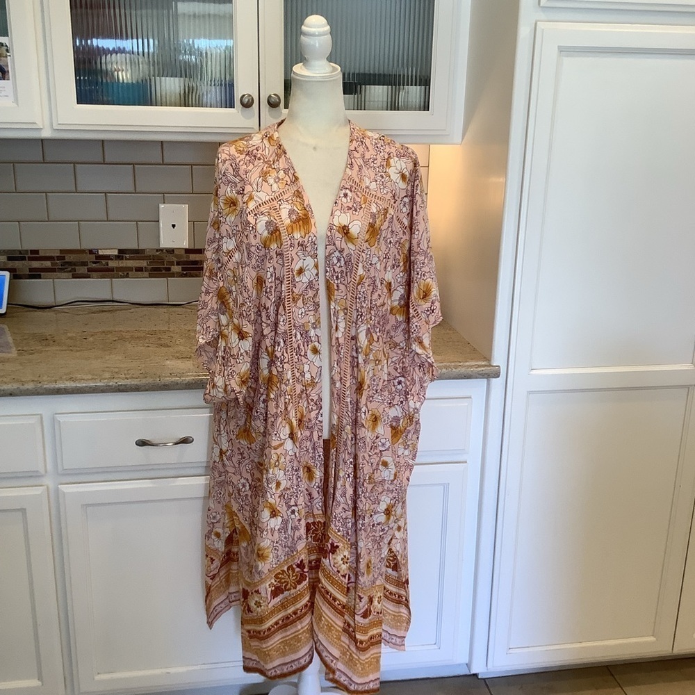 Band of Gypsies Pink & Yellow Floral Long Kimono Duster